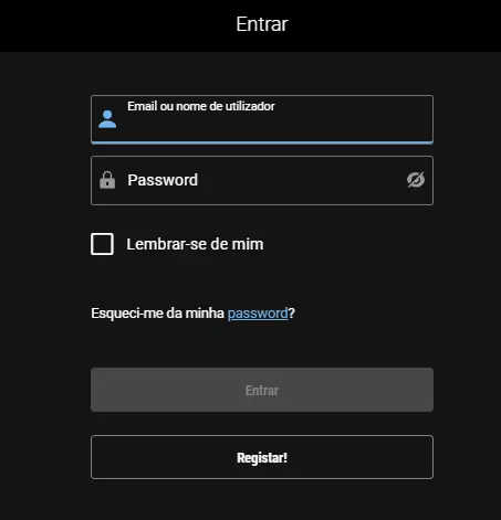 Área de início de sessão – entrar na conta de utilizador
